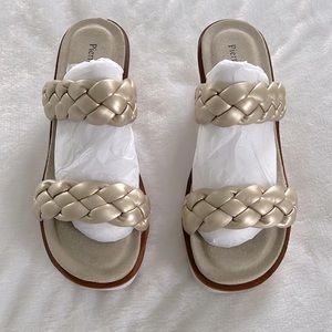 Gold braided strap heeled sandals, size 10